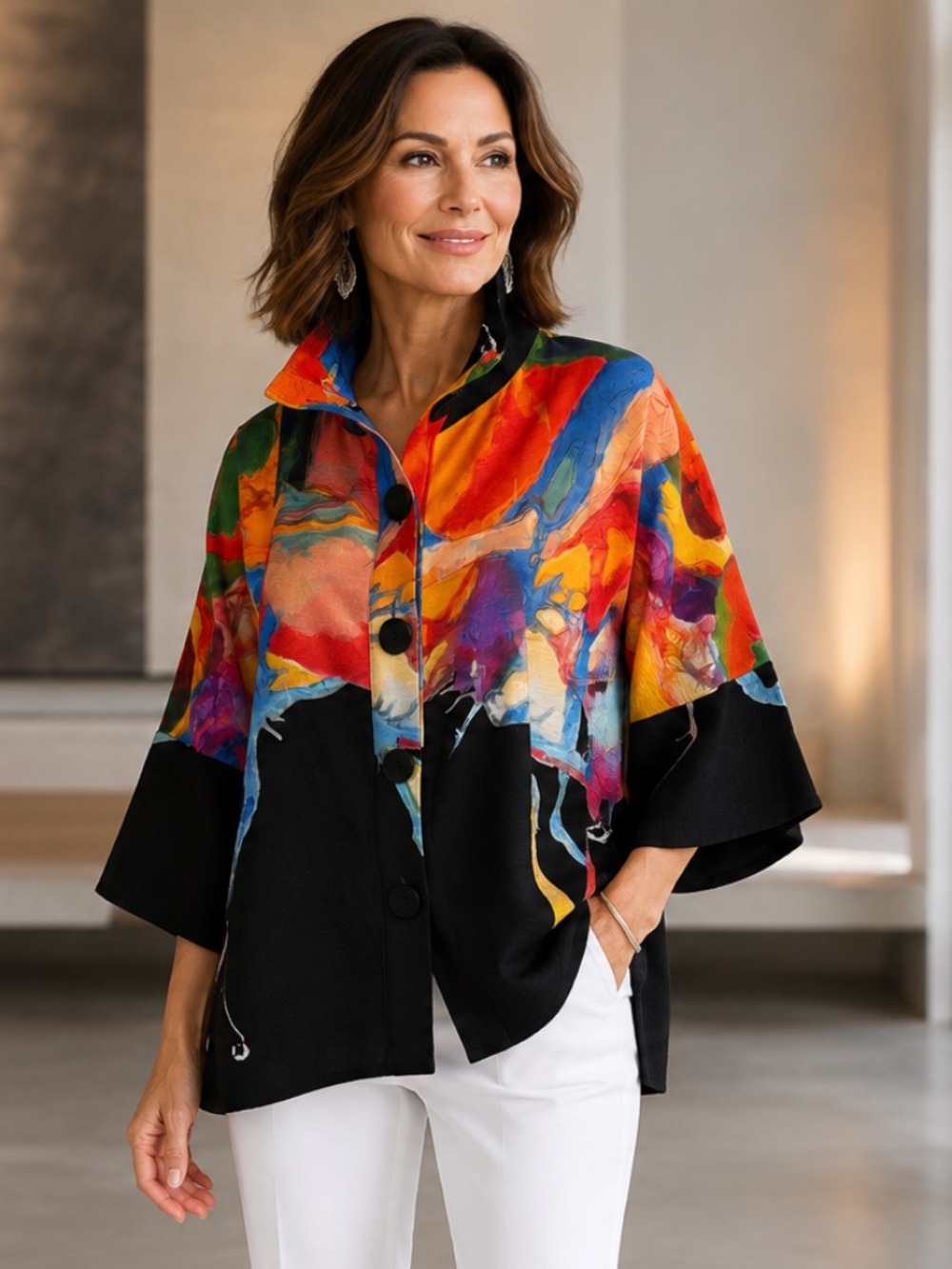DAMEE Jacket Top Abstract Art Print Bell Sleeve Button Front Size XL